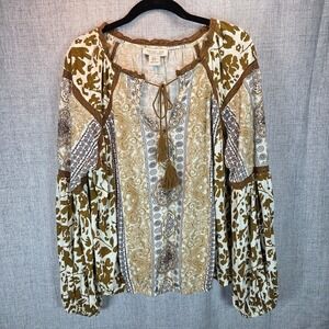 Rachel Zoe Womens XL Boho Peasant Blouse Long Sleeve Brown Mixed Designs Hippie
